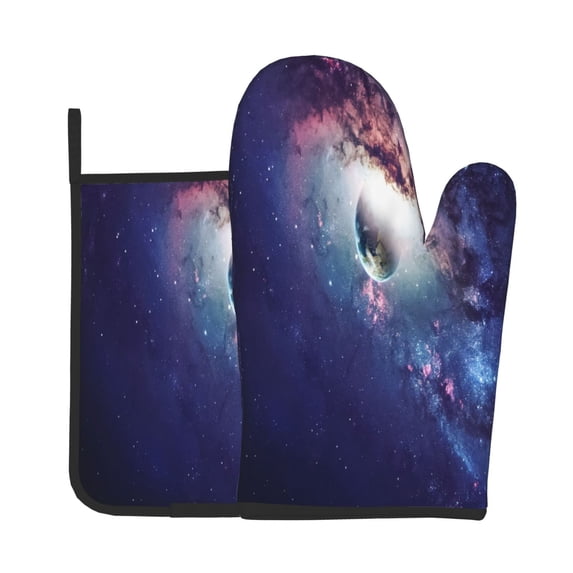 KLL Planets Stars And Galaxies Pattern Oven Mitts and Pot Holders 2pcs Sets for Kitchen, Oven Mitt Heat Resistant 536°F, Oven Gloves for Kitchen,Cooking and Baking