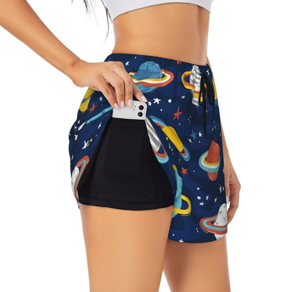 KLL Planets and Stars Pattern Shorts Women,Athletic Shorts High Waisted Running Shorts Pocket Sporty Short Gym Elastic Workout Shorts-Large