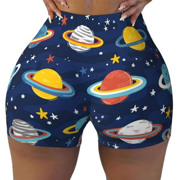 KLL Planets and Stars Pattern Workout Shorts for Women Scrunch Short Gym Yoga Running Sport Active Exercise Fitness Shorts