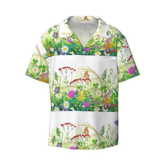 KLL Plants and Insects Print Men's Shirt Short Sleeve Button Down Summer Cuba Beach Shirts- Large