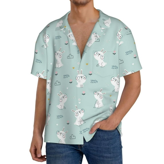 KLL Playing Rabbit Print Men's Shirt Short Sleeve Button Down Summer Cuba Beach Shirts- Small