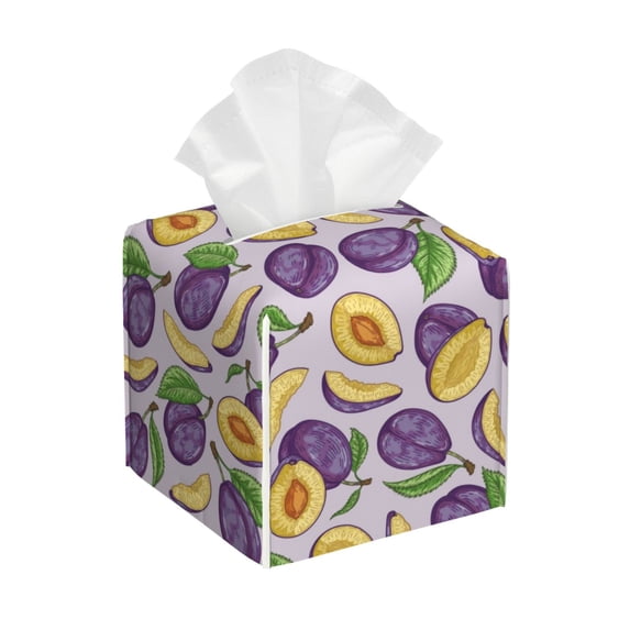 KLL Plum Print Tissue Box Cover,Leather Tissue Holder Square Facial Tissue Case Facial Paper Organizer Dispenser for Bathroom, Vanity Countertop