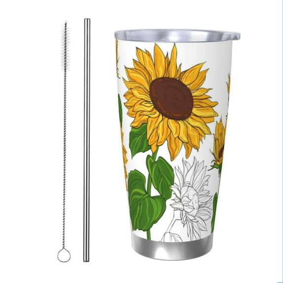 KLL Plump Sunflower And Sketch Print 40oz Stainless Steel Insulated Car Cup with Spillproof Lid - Keep Your Drink Hot or Cold on the Go-Straw Two-piece Set