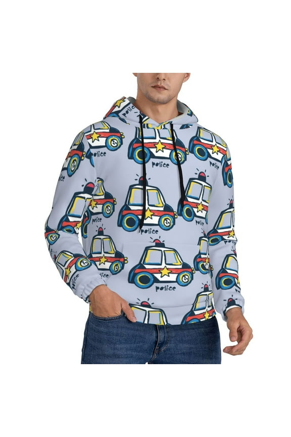 Police Car Print Mens Hoodie Long Sleeve Casual Pullover Hooded Sweatshirt Fashion Drawstring Hoodies with Pocket-