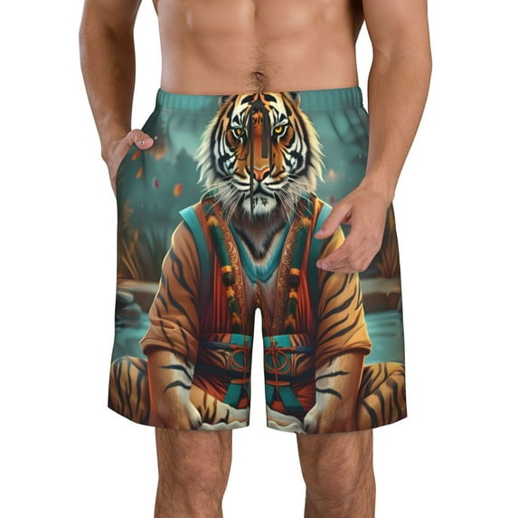 KLL Pond Meditating Tiger Men's Casual Summer Beach Shorts Hawaiian Shorts with Pockets-X-Large