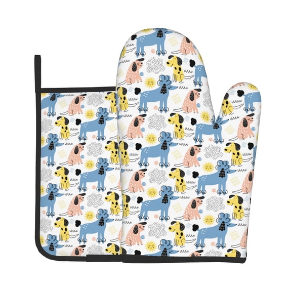 KLL Poodle Dog Pattern Oven Mitts and Pot Holders 2pcs Sets for Kitchen, Oven Mitt Heat Resistant 536°F, Oven Gloves for Kitchen,Cooking and Baking