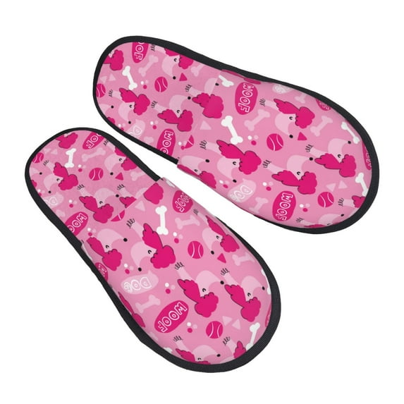 KLL Poodle Dog Slippers for Women Men House Slip on Indoor Outdoor Bedroom Furry Fleece Lined Ladies Comfy Anti-Skid Rubber Hard Sole-Medium
