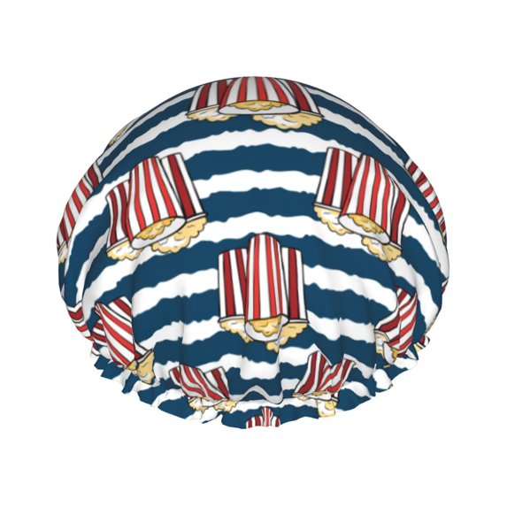 KLL Popcorn On Blue Lines Pattern Shower Cap & Bath Cap for Women,Reversible Oversized Waterproof Shower Caps for all Hair Lengths,Elastic Reusable Bathing Hair Cap