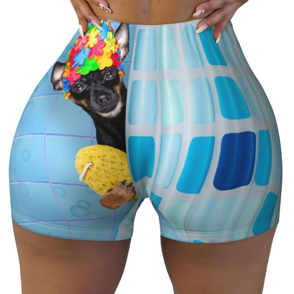 KLL Prague Ratter Dog in Bathtub Pattern Workout Shorts for Women Scrunch Short Gym Yoga Running Sport Active Exercise Fitness Shorts