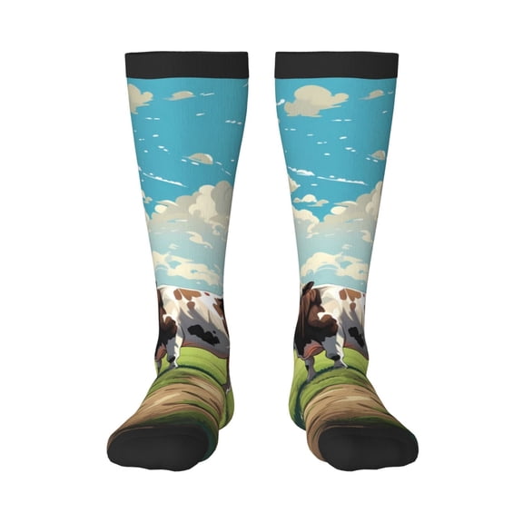 KLL Prairie Pasture Cow Print Cool Socks Men's Women's Crew Socks Funny Crazy Novelty Stockings