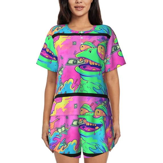 KLL Psychedelic Cartoon Frog Print Pajama Set for Women Short Sleeve Sleepwear Pjs Soft 2 Piece Lounge Sleepwear Sets-X-Large