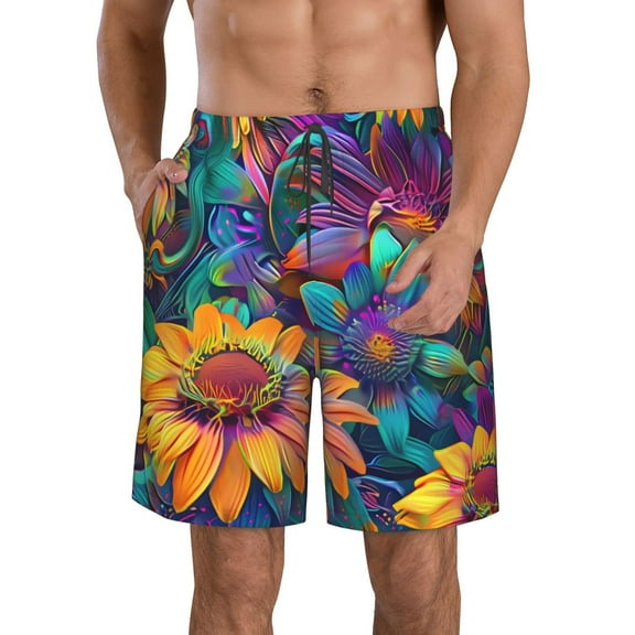 KLL Psychedelic Sunflowers Men's Casual Summer Beach Shorts Hawaiian Shorts with Pockets-Medium