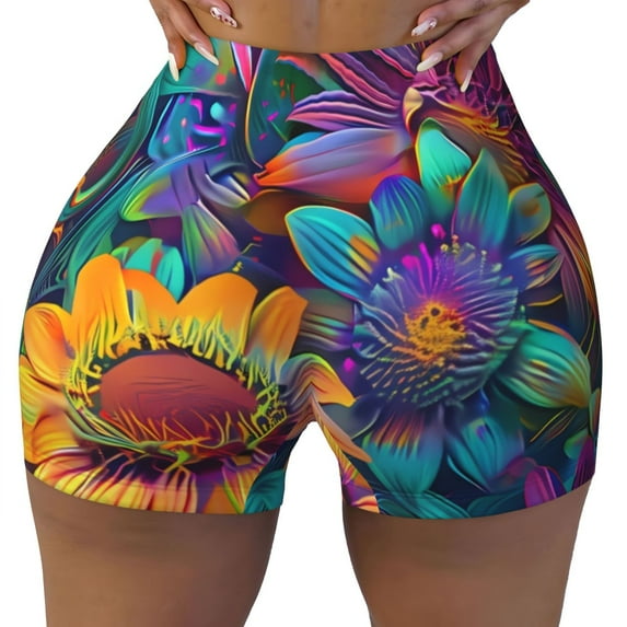 KLL Psychedelic Sunflowers Pattern Workout Shorts for Women Scrunch Short Gym Yoga Running Sport Active Exercise Fitness Shorts