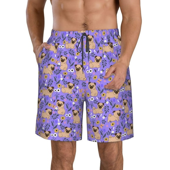KLL Pugs and Flowers Men's Casual Summer Beach Shorts Hawaiian Shorts with Pockets-Small