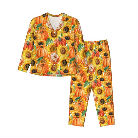 KLL Pumpkins And Sunflowers Print Women's Long Sleeve Pajamas with Pants Sleepwear Loungewear 2 Set-X-Large