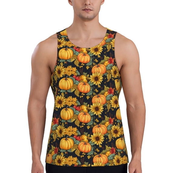 KLL Pumpkins And Sunflowers3 Print Men's Muscle Gym Workout Stringer Tank Tops Bodybuilding Fitness T-Shirts Tank Tops Men-X-Large