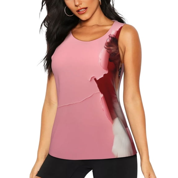 KLL Puppy Peeking Through Pink Print Womens Tank Top Sleeveless Workout Tops Athletic Running Shirts Yoga Gym Clothes-Large
