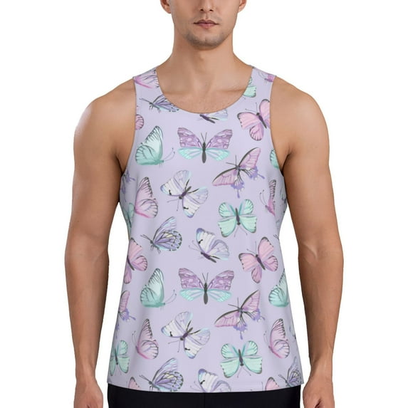 KLL Purple Butterfly Print Men's Muscle Gym Workout Stringer Tank Tops Bodybuilding Fitness T-Shirts Tank Tops Men-Large