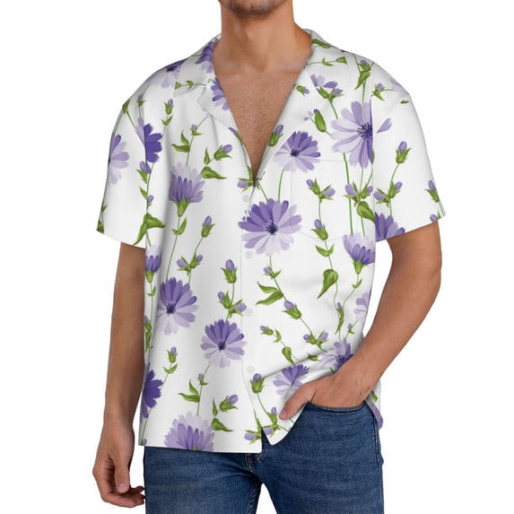 KLL Purple Chicory Print Men's Shirt Short Sleeve Button Down Summer Cuba Beach Shirts- X-Large