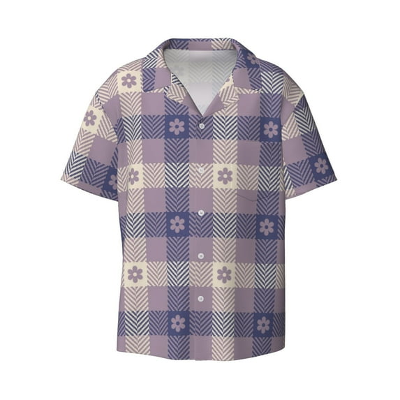 KLL Purple Floral Gingham Check Plaid Print Men's Shirt Short Sleeve Button Down Summer Cuba Beach Shirts- X-Large