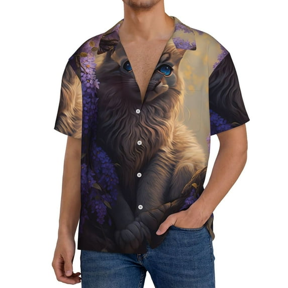 KLL Purple Flower Lazy Cat Print Men's Shirt Short Sleeve Button Down Summer Cuba Beach Shirts- 4X-Large