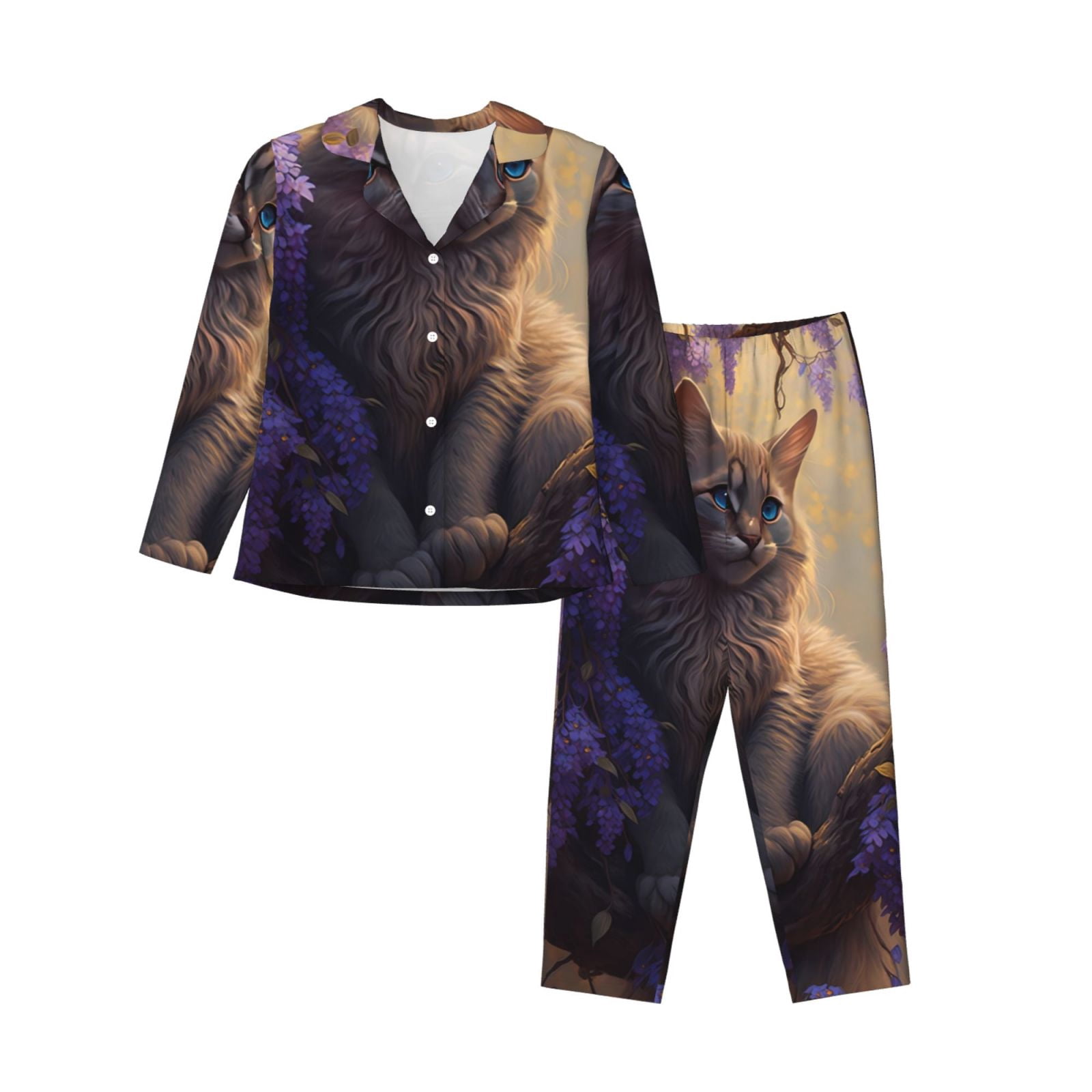 KLL Purple Flower Lazy Cat Print Women's Long Sleeve Pajamas with Pants ...
