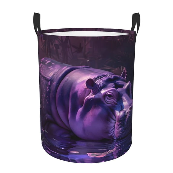 KLL Purple Hippo In Water Waterproof Foldable Laundry Hamper Bucket with Handles for Storage Bin,Kids Room,Home Organizer (Medium )