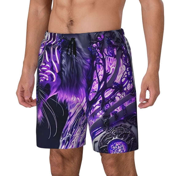 KLL Purple Pattern White Tiger for Mens Swim Trunks Quick Dry Swim Shorts with Built-in Compression Liner Funny Swimwear Bathing Suits-XX-Large
