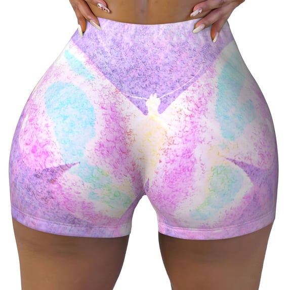 KLL Purple Sparkling Butterfly Pattern Workout Shorts for Women Scrunch Short Gym Yoga Running Sport Active Exercise Fitness Shorts