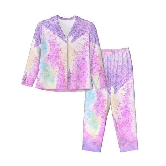 KLL Purple Sparkling Butterfly Print Women's Long Sleeve Pajamas with Pants Sleepwear Loungewear 2 Set-Small