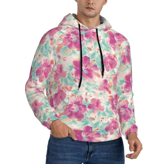 KLL Purple Watercolor Flowers Print Mens Hoodie Long Sleeve Casual Pullover Hooded Sweatshirt Fashion Drawstring Hoodies with Pocket-3X-Large