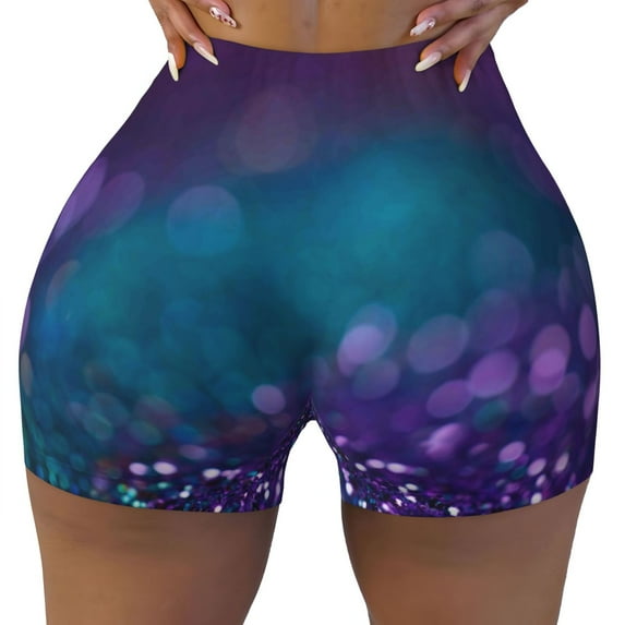 KLL Purple and Green Glitter Pattern Workout Shorts for Women Scrunch Short Gym Yoga Running Sport Active Exercise Fitness Shorts