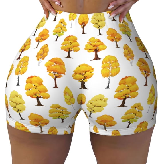 KLL Qutumn Tree Pattern Workout Shorts for Women Scrunch Short Gym Yoga Running Sport Active Exercise Fitness Shorts