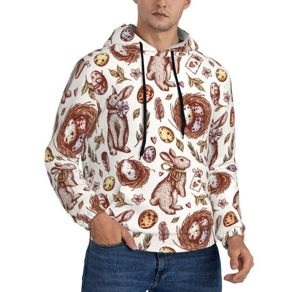 KLL Rabbit And Egg Print Mens Hoodie Long Sleeve Casual Pullover Hooded Sweatshirt Fashion Drawstring Hoodies with Pocket-Small