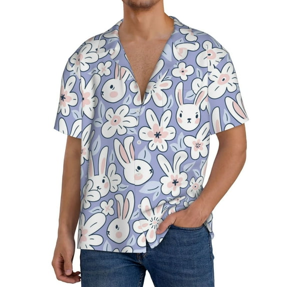 KLL Rabbit And Floral Print Men's Shirt Short Sleeve Button Down Summer Cuba Beach Shirts- XX-Large