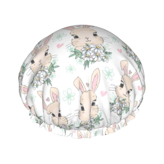 KLL Rabbit And Flower Pattern Shower Cap & Bath Cap for Women,Reversible Oversized Waterproof Shower Caps for all Hair Lengths,Elastic Reusable Bathing Hair Cap