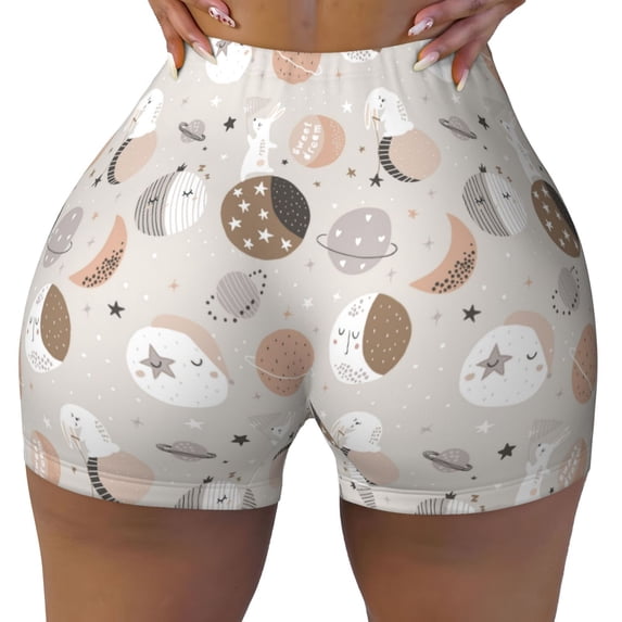 KLL Rabbit In Space Pattern Workout Shorts for Women Scrunch Short Gym Yoga Running Sport Active Exercise Fitness Shorts