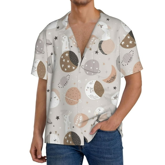 KLL Rabbit In Space Print Men's Shirt Short Sleeve Button Down Summer Cuba Beach Shirts- 3X-Large