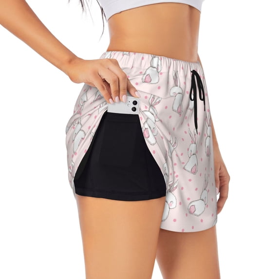KLL Rabbit Pattern Shorts Women,Athletic Shorts High Waisted Running Shorts Pocket Sporty Short Gym Elastic Workout Shorts-Large