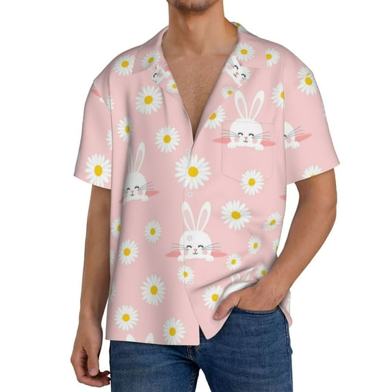 KLL Rabbit Sunflower Print Men's Shirt Short Sleeve Button Down Summer Cuba Beach Shirts- Small