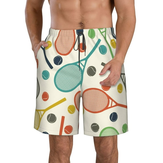 KLL Racket and Tennis Ball Men's Casual Summer Beach Shorts Hawaiian Shorts with Pockets-XX-Large