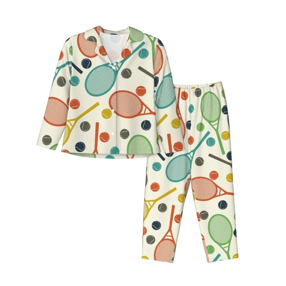 KLL Racket and Tennis Ball Print Women's Long Sleeve Pajamas with Pants Sleepwear Loungewear 2 Set-XX-Large