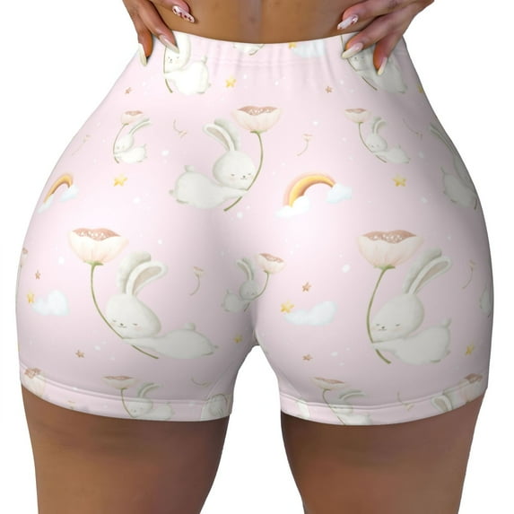 KLL Rainboe And Rabbit Pattern Workout Shorts for Women Scrunch Short Gym Yoga Running Sport Active Exercise Fitness Shorts