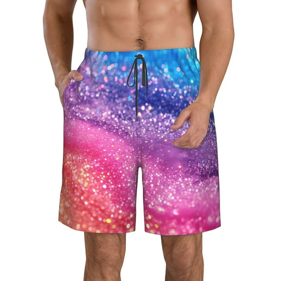 KLL Rainbow Glitter Cute Men's Casual Summer Beach Shorts Hawaiian Shorts with Pockets-Small