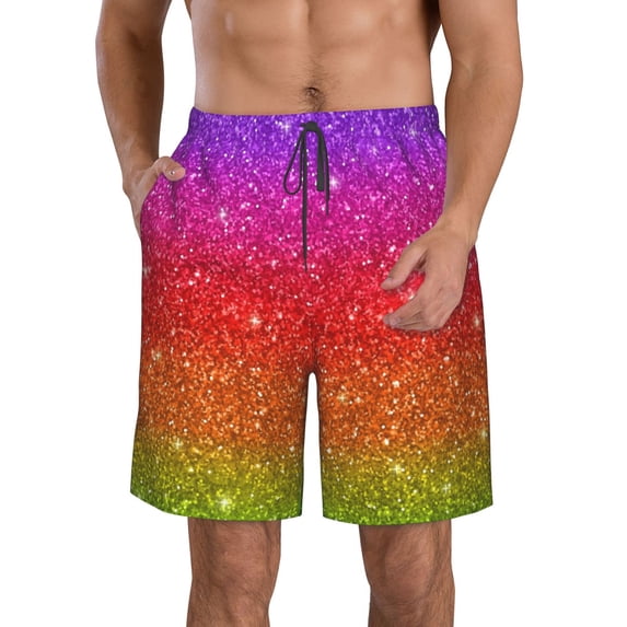 KLL Rainbow Glitter Men's Casual Summer Beach Shorts Hawaiian Shorts with Pockets-3X-Large
