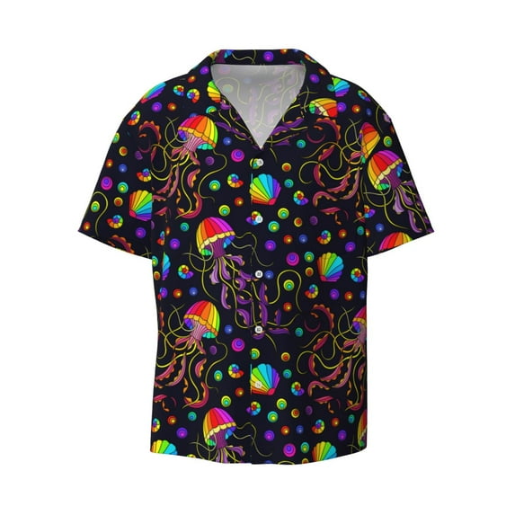 KLL Rainbow Jellyfishes Print Men's Shirt Short Sleeve Button Down Summer Cuba Beach Shirts- Small