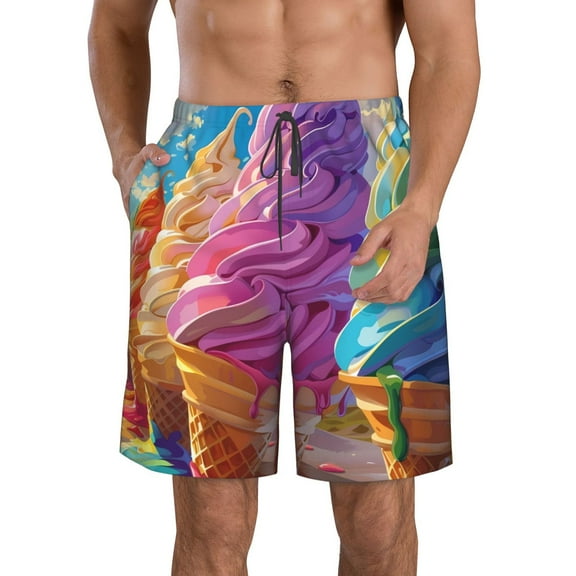 KLL Rainbow Melting Ice Cream Men's Casual Summer Beach Shorts Hawaiian Shorts with Pockets-Small