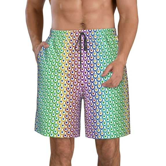 KLL Rainbow Peacock Feathers Men's Casual Summer Beach Shorts Hawaiian Shorts with Pockets-Large