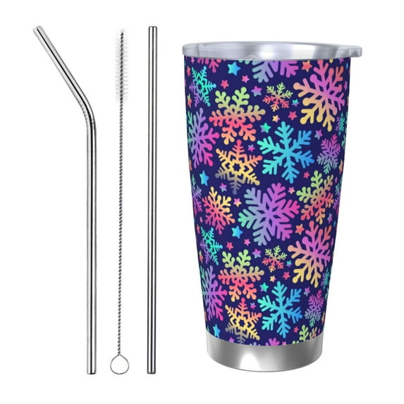 KLL Rainbow Snowflakes Print 40oz Stainless Steel Insulated Car Cup with Spillproof Lid - Keep Your Drink Hot or Cold on the Go-Straw Three-piece Set