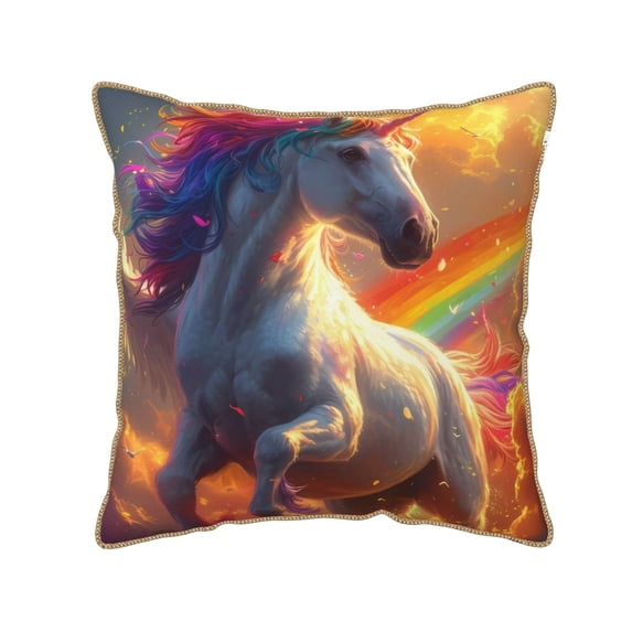 KLL Rainbow Sunset Cloud White Horse Decorative Throw Pillow Covers Velvet Soft for Couch Sofa Bedroom Living Room Outdoor (No pillow core)- 18"x18"